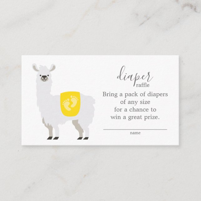 Cute Gult Llama Diaper Raffle Biljett Baby Shower Tilläggskort (Framsida)
