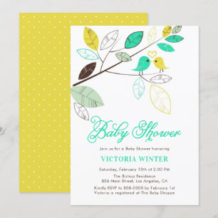 Cute Gult och Aqua Birds Botaniska babyskor Inbjudningar