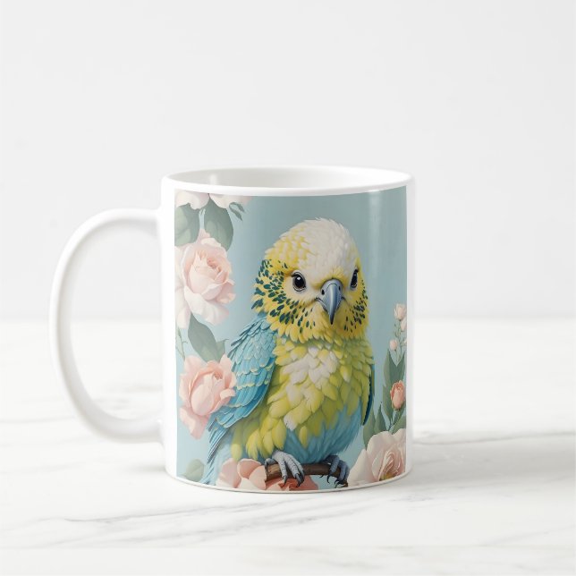 Cute Gult och Blue Baby Budgie Parakeet Bird Kaffemugg (Vänster)