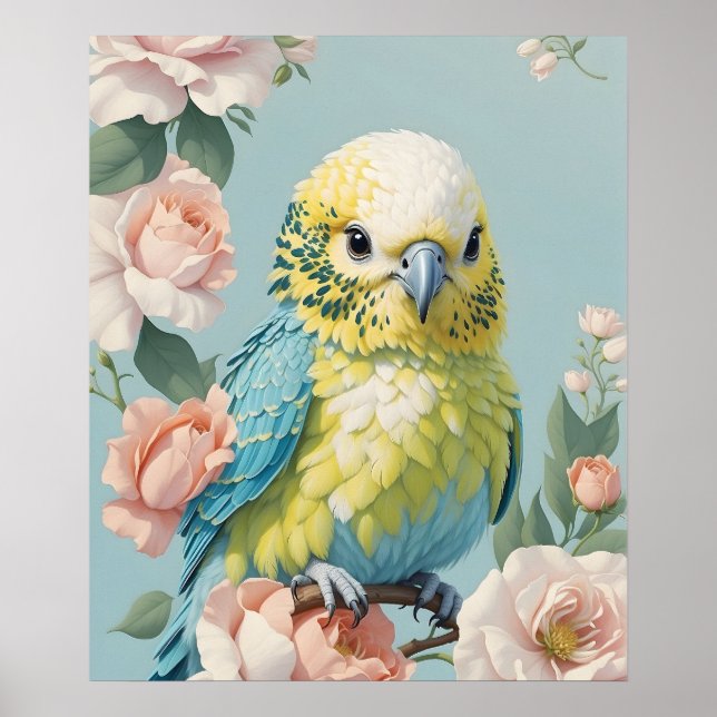 Cute Gult och Blue Baby Budgie Parakeet Bird Poster (Framsidan)