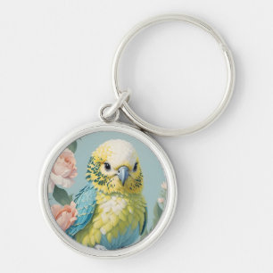 Cute Gult och Blue Baby Budgie Parakeet Bird Rund Silverfärgad Nyckelring