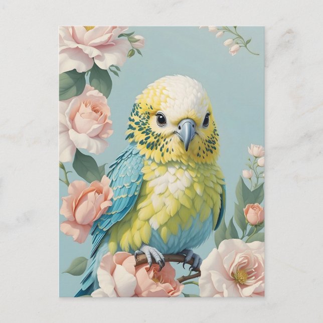 Cute Gult och Blue Baby Budgie Parakeet Bird Vykort (Framsida)