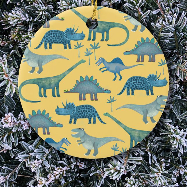 Cute Gult och Blue Dinosaurs Julgransprydnad Keramik (Fun blue dinosaurs Christmas ornament)
