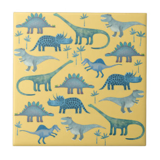 Cute Gult och Blue Dinosaurs Kakelplatta