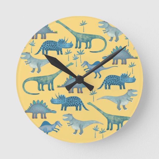 Cute Gult och Blue Dinosaurs Rund Klocka (Framsida)