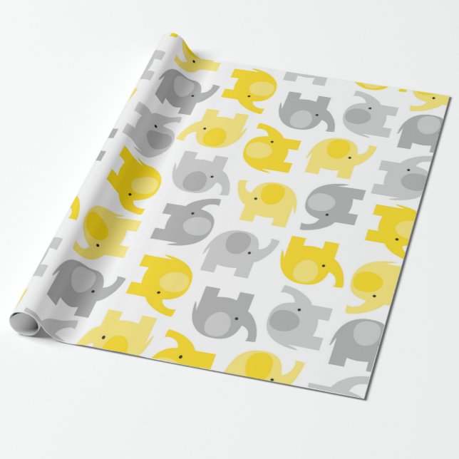Cute Gult och Grått Baby Elephants Wrapping Papper Presentpapper (Utrullad)