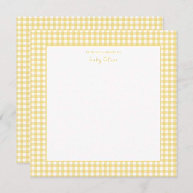Cute Gult och vit gingham babydusch Tack Kort (Fram/baksida)