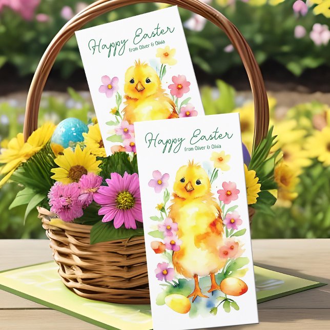 Cute Gult Påsk Chick Pastel Watercolor Flowers Julkort (Cute yellow Easter chick watercolor floral basket card)