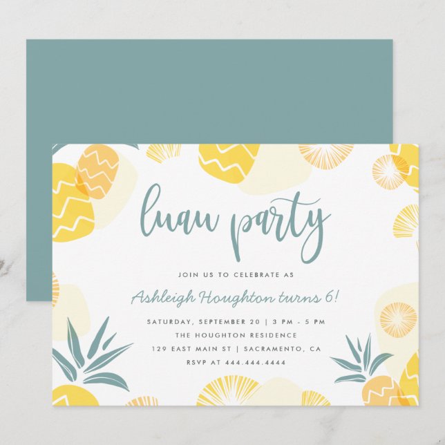 Cute Gult Pineapple Luau Födelsedagsfest Inbjudningar (Fram/baksida)