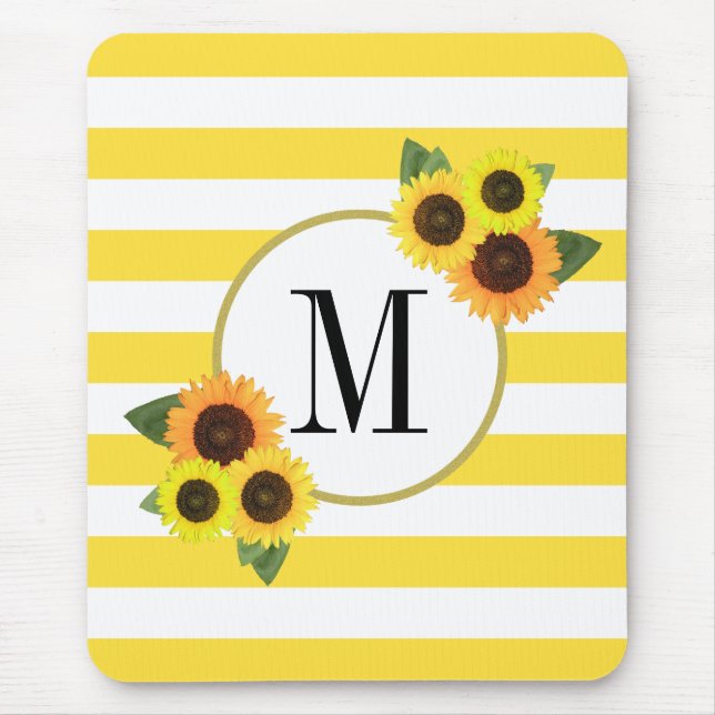Cute Gult Rand Solblommor Blommigt Monogram Musmatta (Framsidan)