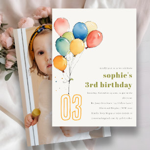 Cute Gult Red Grönt Ballods Kids Photo Birthday Inbjudningar