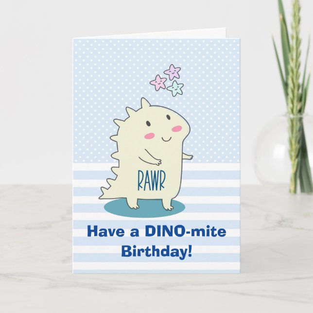 Cute Gult Smiling Dinosaur Illustration Birthday Kort (Framsida)
