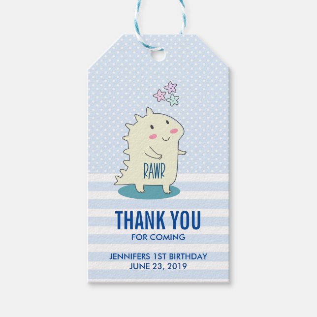 Cute Gult Smiling Dinosaur Illustration Birthday Presentetikett (Framsidan)