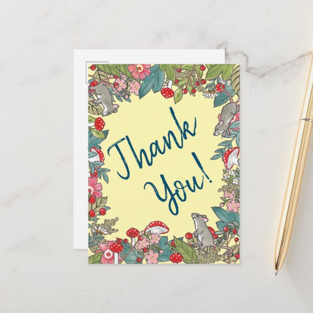 Cute Gult Tack Mice Mouse Woodland Vykort (Fram/Back In Situ)