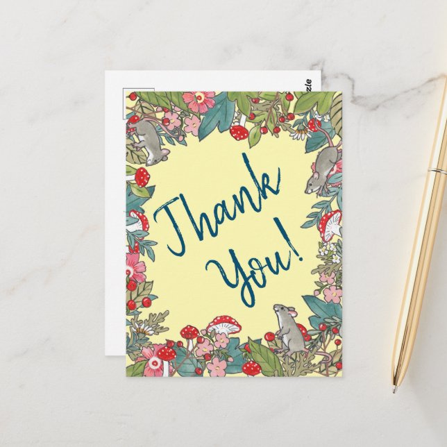 Cute Gult Tack Mice Mouse Woodland Vykort (Fram/Back In Situ)