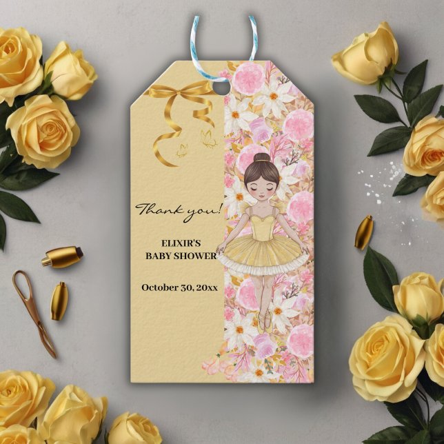 Cute Gult Tutu Ballerina Butterflies Baby Shower Presentetikett (Skapare uppladdad)