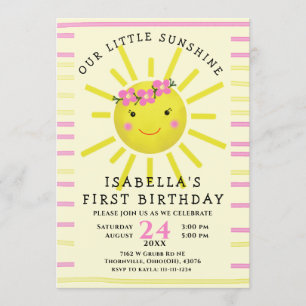 Cute Gult vår lilla solsken 1:a födelsedag Party Inbjudningar