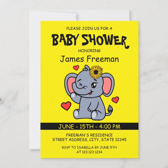 Cute Gult Vector Elephant Girl Baby Shower Inbjudningar (Framsida)