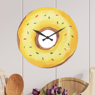 Cute Gult Watercolor Donut Stor Klocka