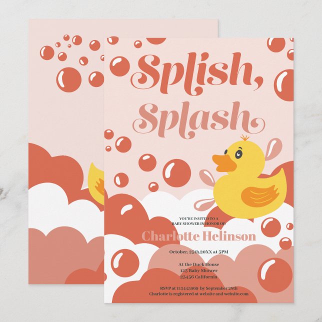 Cute gummi anka: spola stänk bubblor babbldusch inbjudningar (Fram/baksida)