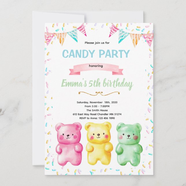 Cute gummy bear party theme invitation inbjudningar (Framsida)