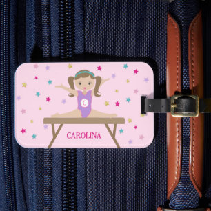 Cute Gymnast with Brown Hair & Glitter Stars Namn Bagagebricka
