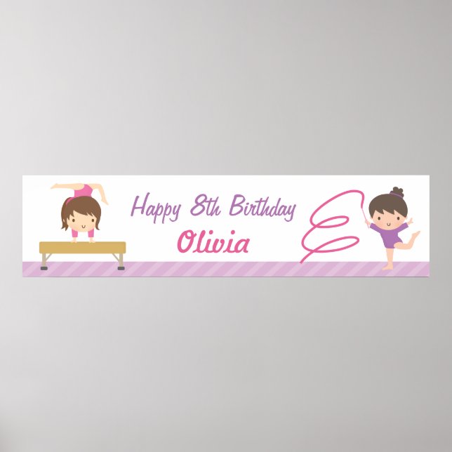 Cute Gymnastics Girls Birthday Party Banner Poster (Framsidan)