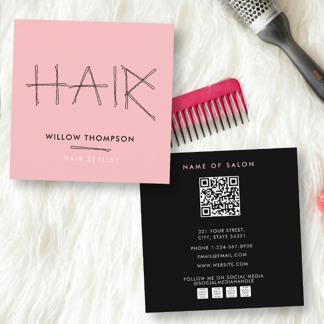 Cute Hairdresser Black Rosa Bobby Stift Hair Fyrkantigt Visitkort (Cute Hairdresser Black Pink Bobby Pins Hair Square Business Card)
