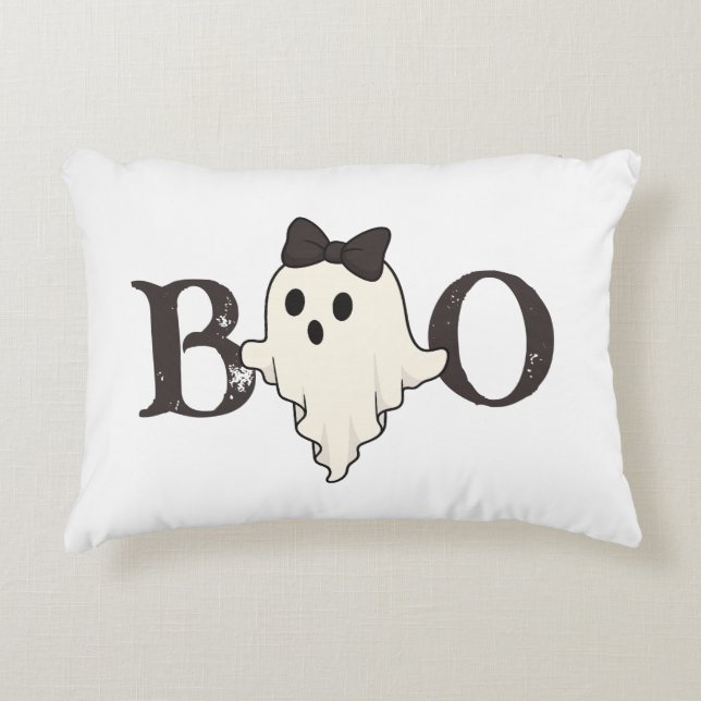 Cute Halloween accent Pillow - Boo Ghost med Bow Prydnadskudde (Framsidan)