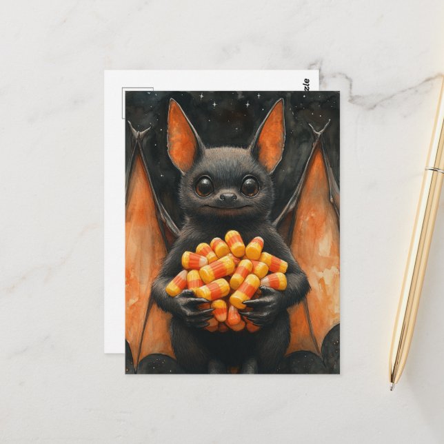 Cute Halloween Bat Cat With Candy Vykort (Fram/Back In Situ)