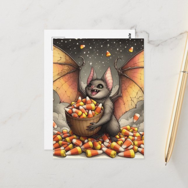 Cute Halloween Bat With Candy Vykort (Fram/Back In Situ)