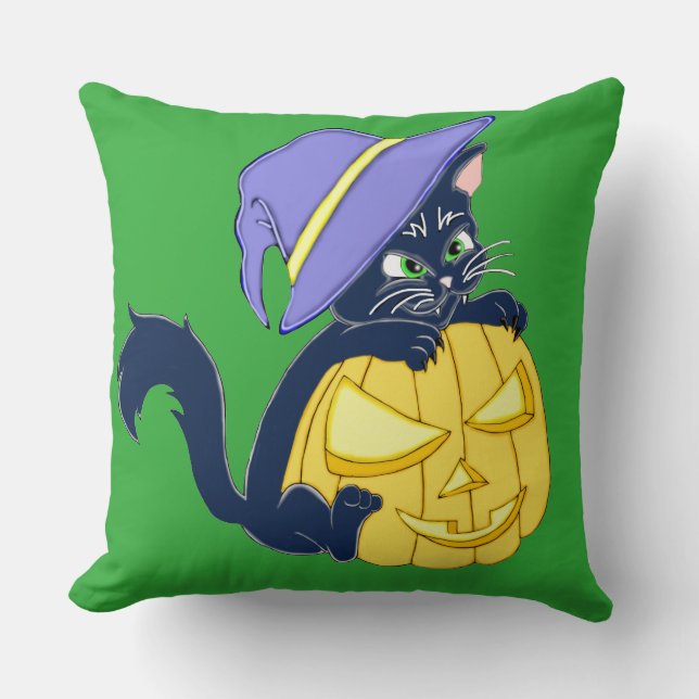 Cute Halloween Black Cat and Pumpkin Kudde (Framsida)