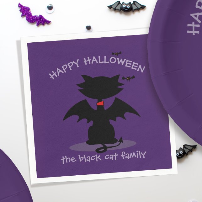 Cute Halloween Black Cat Fladdermus Vingar Lila Na Pappersservett (Purrfect paper napkins for your black cat themed Halloween Party. Just add your family name)