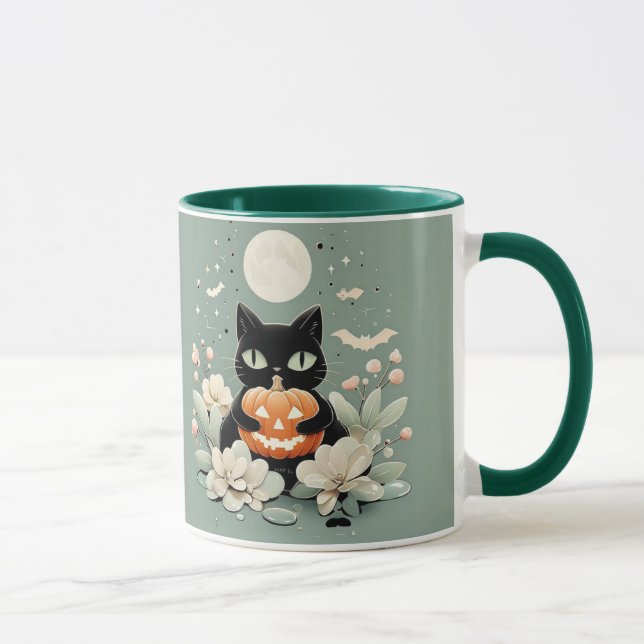 Cute Halloween Black Cat, Full Moon och Pumpkin Mugg (Höger)
