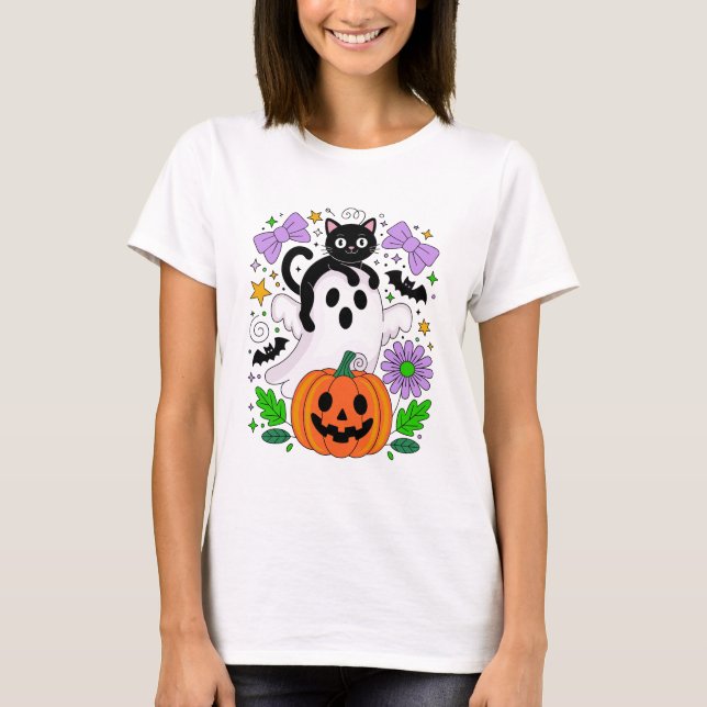 Cute Halloween Black Cat Ghost och Pumpkin Art T Shirt (Framsida)