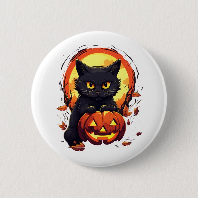 Cute Halloween Black Cat med Pumpkin Knapp (Framsida)