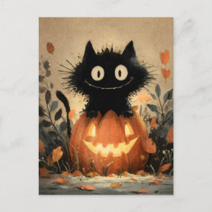 Cute Halloween Black Cat på en Jack-o'-Lantern Helg Vykort