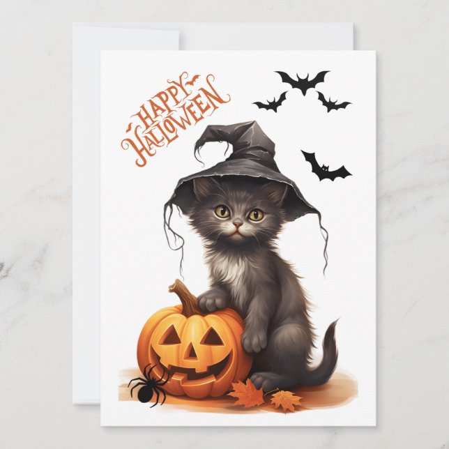 Cute Halloween Black Cat, Pumpkin och Spider Kort (Framsida)
