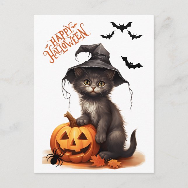 Cute Halloween Black Cat, Pumpkin och Spider Vykort (Framsida)