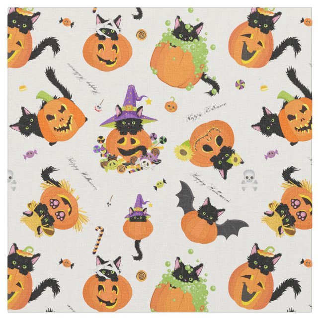 Cute Halloween Black Cat Pumpkin Tyg (Närbild)