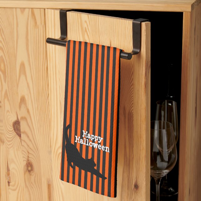 Cute Halloween Black Cat Stretching Orange Rand Kökshandduk (Thirds Fold)