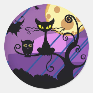Cute Halloween Black Cat/Uggla & Spooky Träd Stick Runt Klistermärke