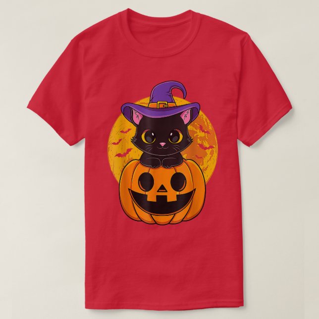 Cute Halloween Black Cat Witch Hat Pumpkin för Gir T Shirt (Design framsida)
