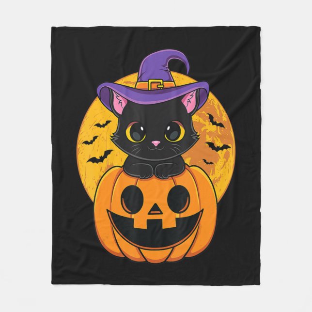 Cute Halloween Black Cat Witch Hat Pumpkin For Kid Fleecefilt (Framsidan)