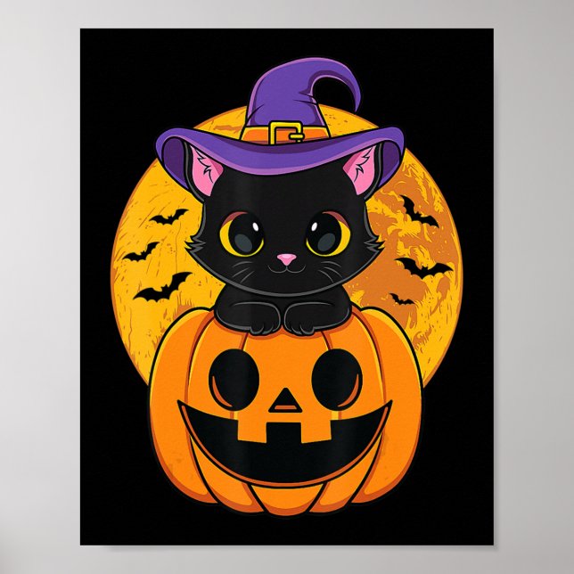 Cute Halloween Black Cat Witch Hat Pumpkin för Kid Poster (Framsidan)