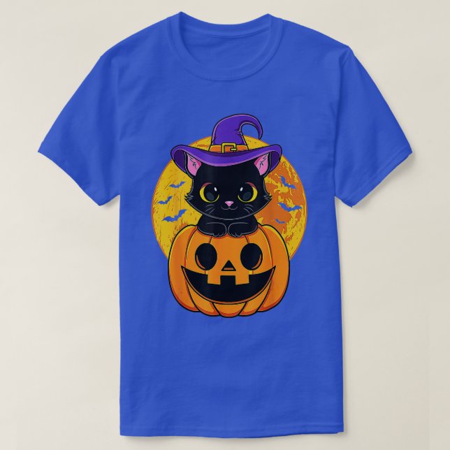 Cute Halloween Black Cat Witch Hat Pumpkin för Kid T Shirt (Design framsida)
