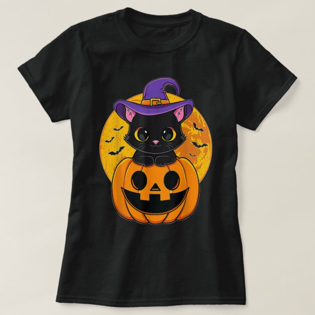Cute Halloween Black Cat Witch Hat Pumpkin för Kid T Shirt (Design framsida)