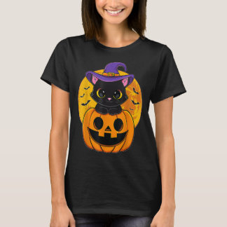 Cute Halloween Black Cat Witch Hat Pumpkin för Kid T Shirt