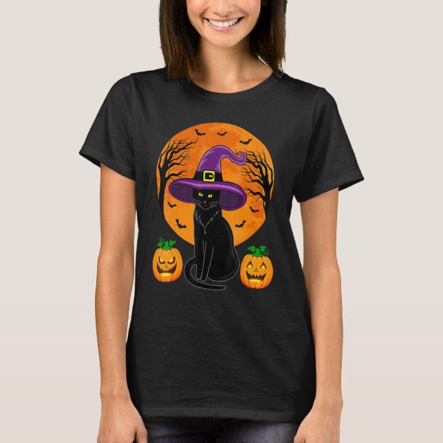 Cute Halloween Black Cat Witch Hat Pumpkin för Kid T Shirt (Framsida)