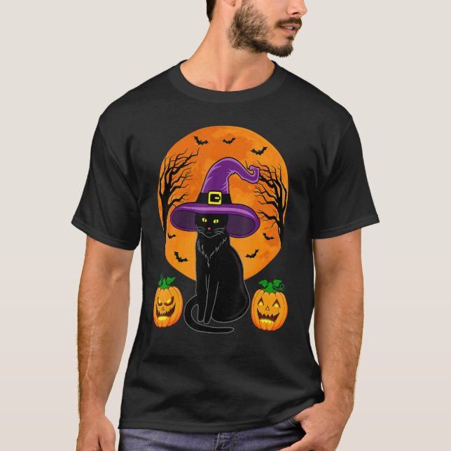 Cute Halloween Black Cat Witch Hat Pumpkin For Kid T Shirt (Framsida)